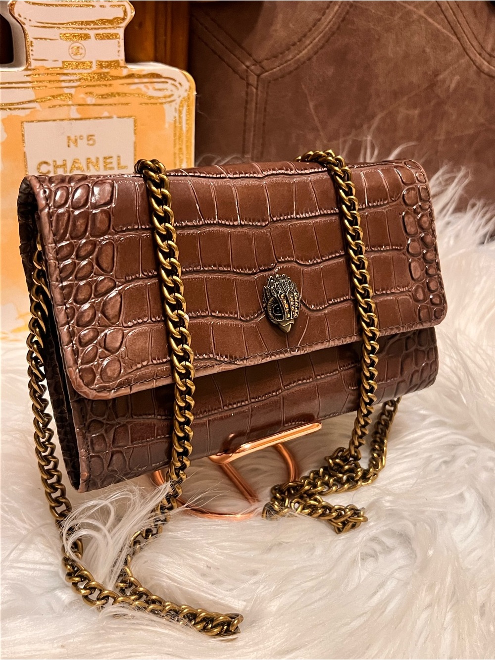Kurt Geiger Brown Croc-Embossed Chain Shoulder Bag